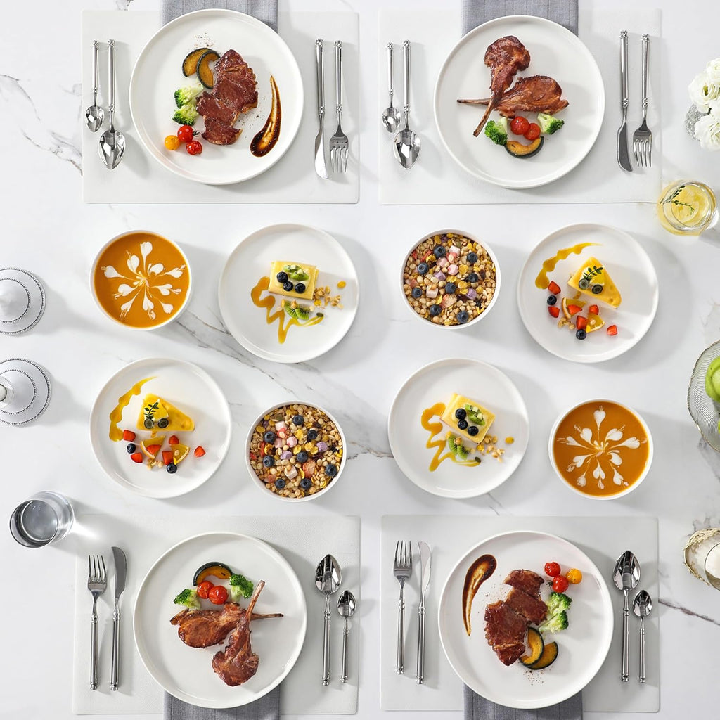 12 Pieces Porcelain Dinnerware Set, Modern White Dish Set for 4, Premium Serving Plates and Bowls Sets