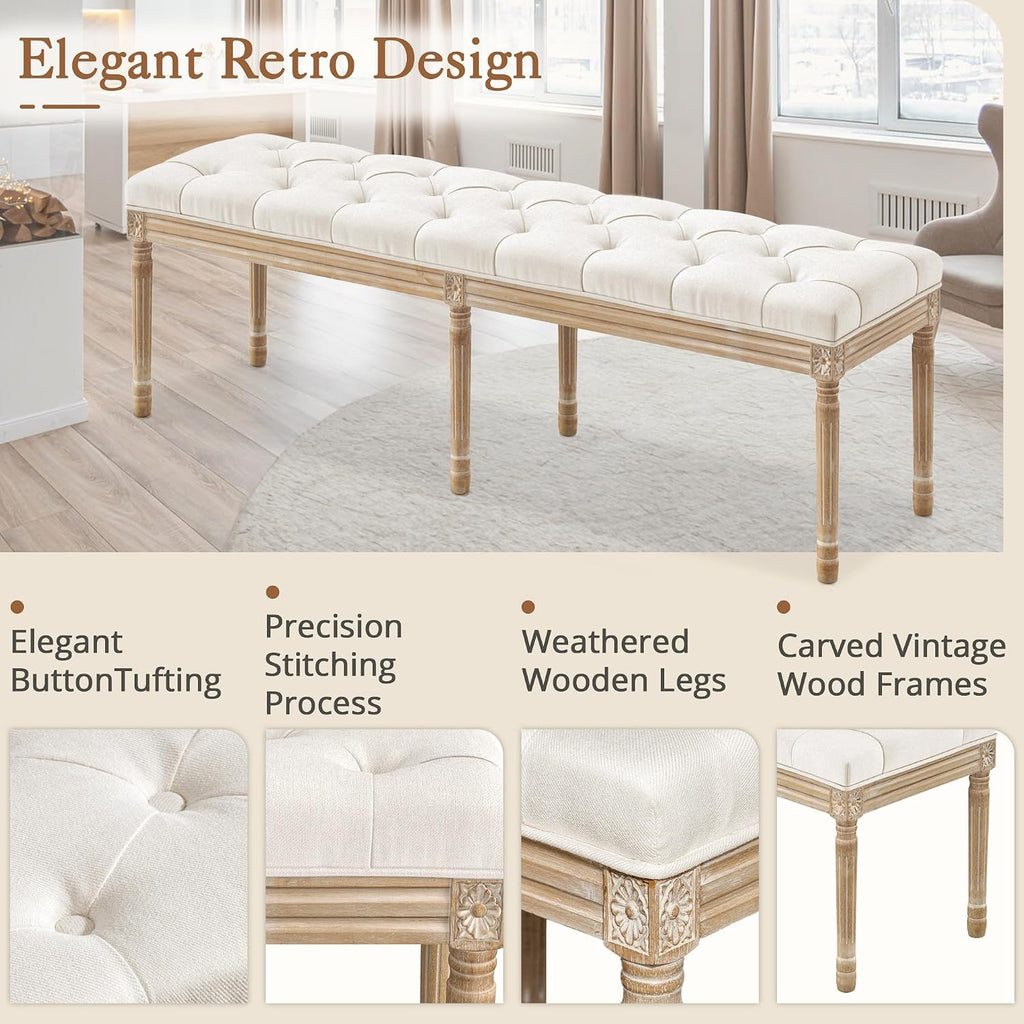 60" Fabric End of Bed Bench, Upholstered Tufted French Bedroom Bench with Carved Legs End of King Size Bed, Living