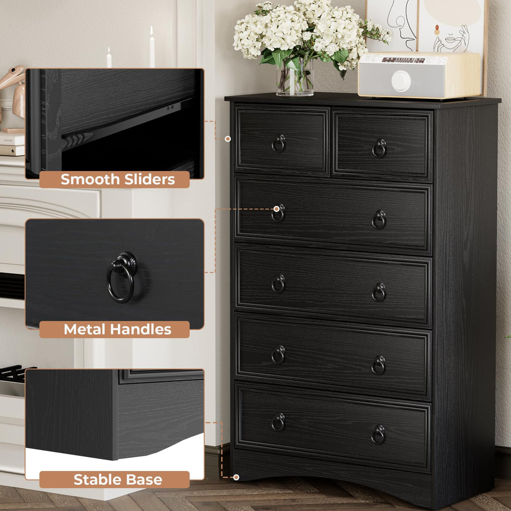 48'' Tall Black Dresser with 6 Drawers Chest of Drawers, Large Storage Organizer for Clothes, Black