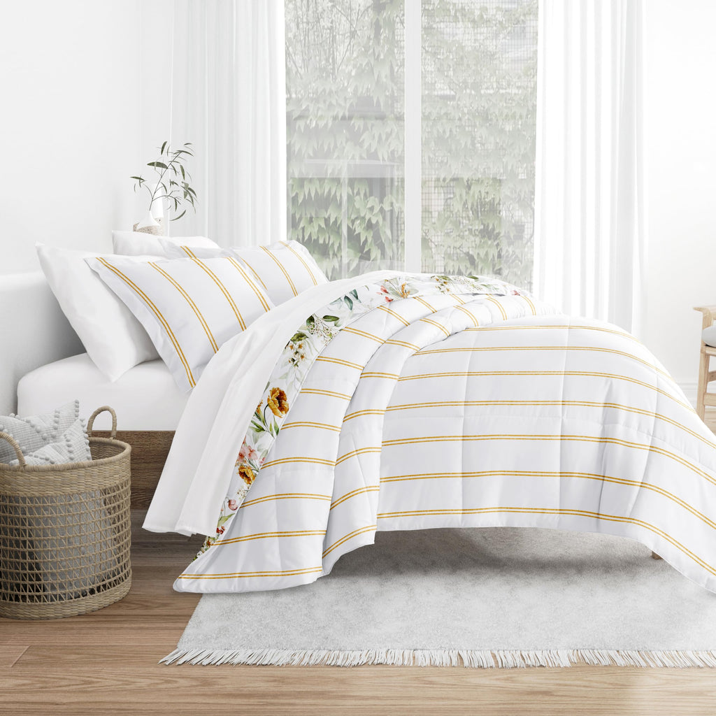 Comforter Set Patterned Microfiber All Season Down-Alternative Ultra Soft Bedding in Chintz Floral Stripe