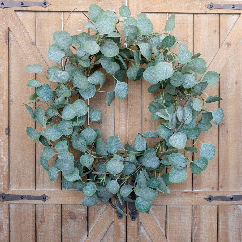 Eucalyptus Leaves Wreath Metal Polyester Fabric Paper Round Green Wreath 22 Inches for The Front Door Decor