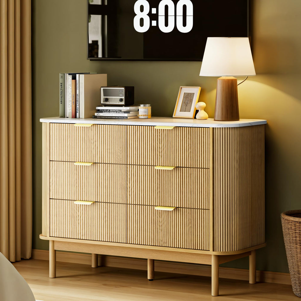 47" Fluted Dresser with 6 Drawer, Modern Chest of Drawers, Faux Marble Top & Curved Profile Design, Wood Drawer Storage