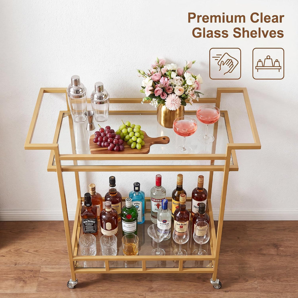 Gold Bar Carts for the Home, Bar Serving Cart with 2 Glass Shelves | Kitchen Beverage Cart / Liquor Cart for the
