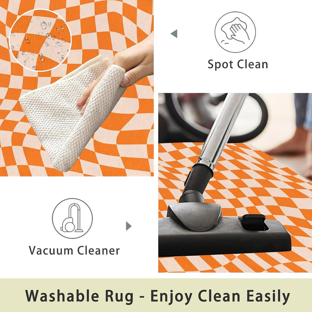 Orange Checkered Area Rug,Autumn Washable Area Rug 5x7 Large Rugs Non-Slip Soft Low Pile Carpet Rug Bedside Dining