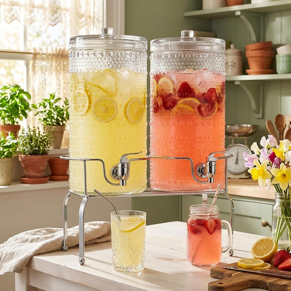 Gallon for Parties, Hobnail Drink Dispenser, Beverage Dispenser with Stand and Glass Lid, 100% Leakproof - Set of 2