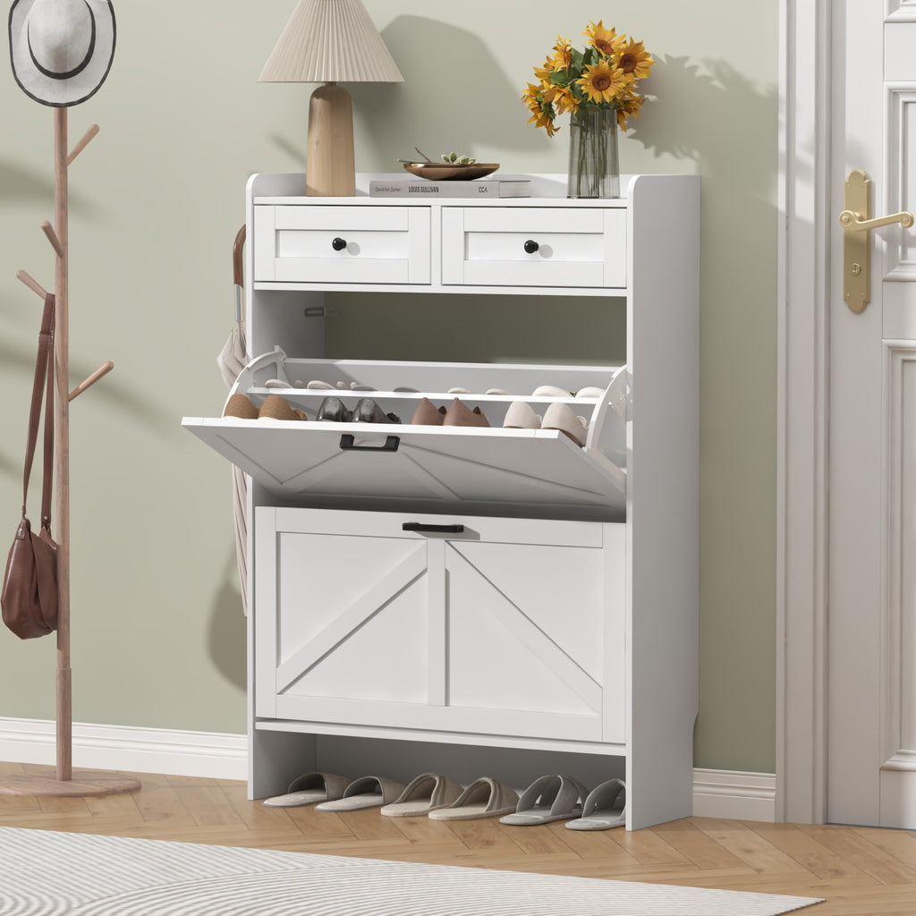 White Shoe Cabinet with 2 Flip Drawers & 2 Storage Drawers, Rustic Farmhouse Narrow Shoe Organizer Cabinet, Slim Shoe