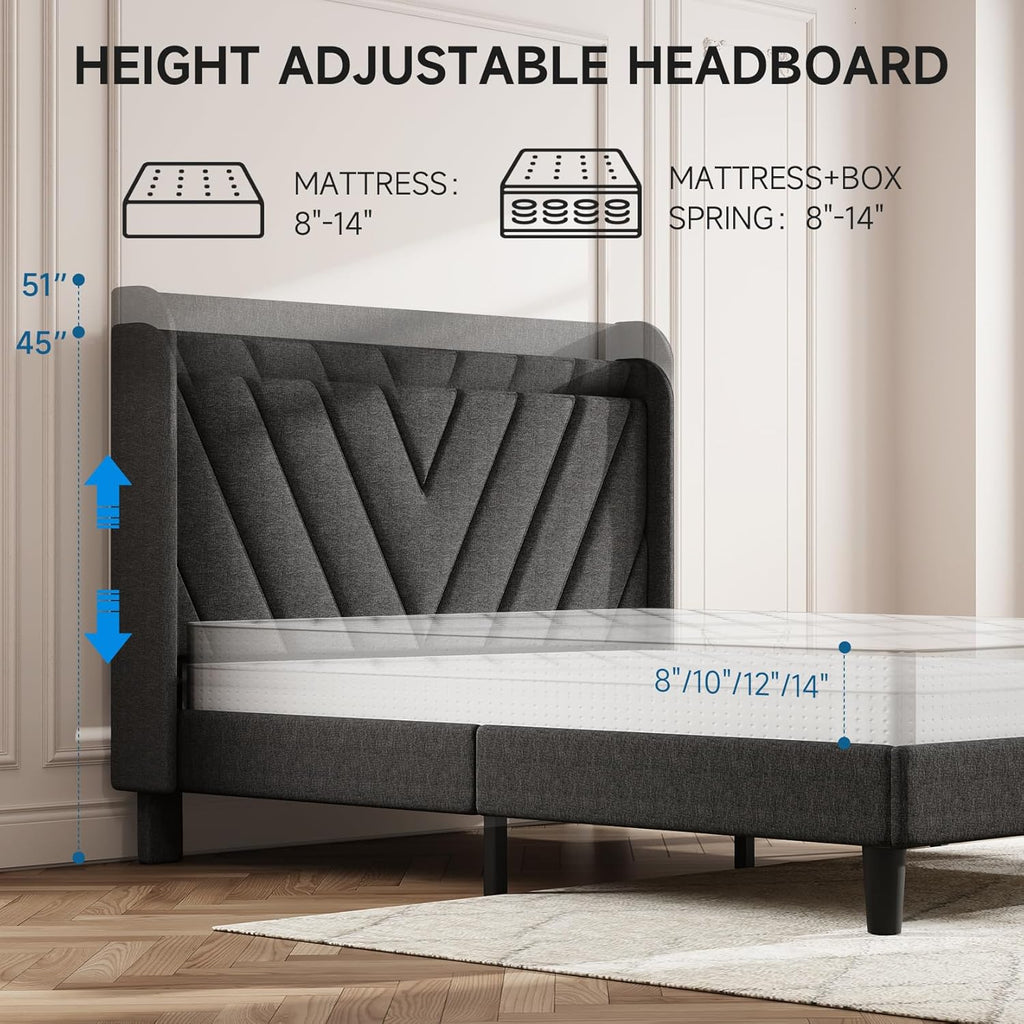 Queen Bed Frame with Headboard, Adjustable Upholstered Platform Bed Frame with Type-C&USB Ports
