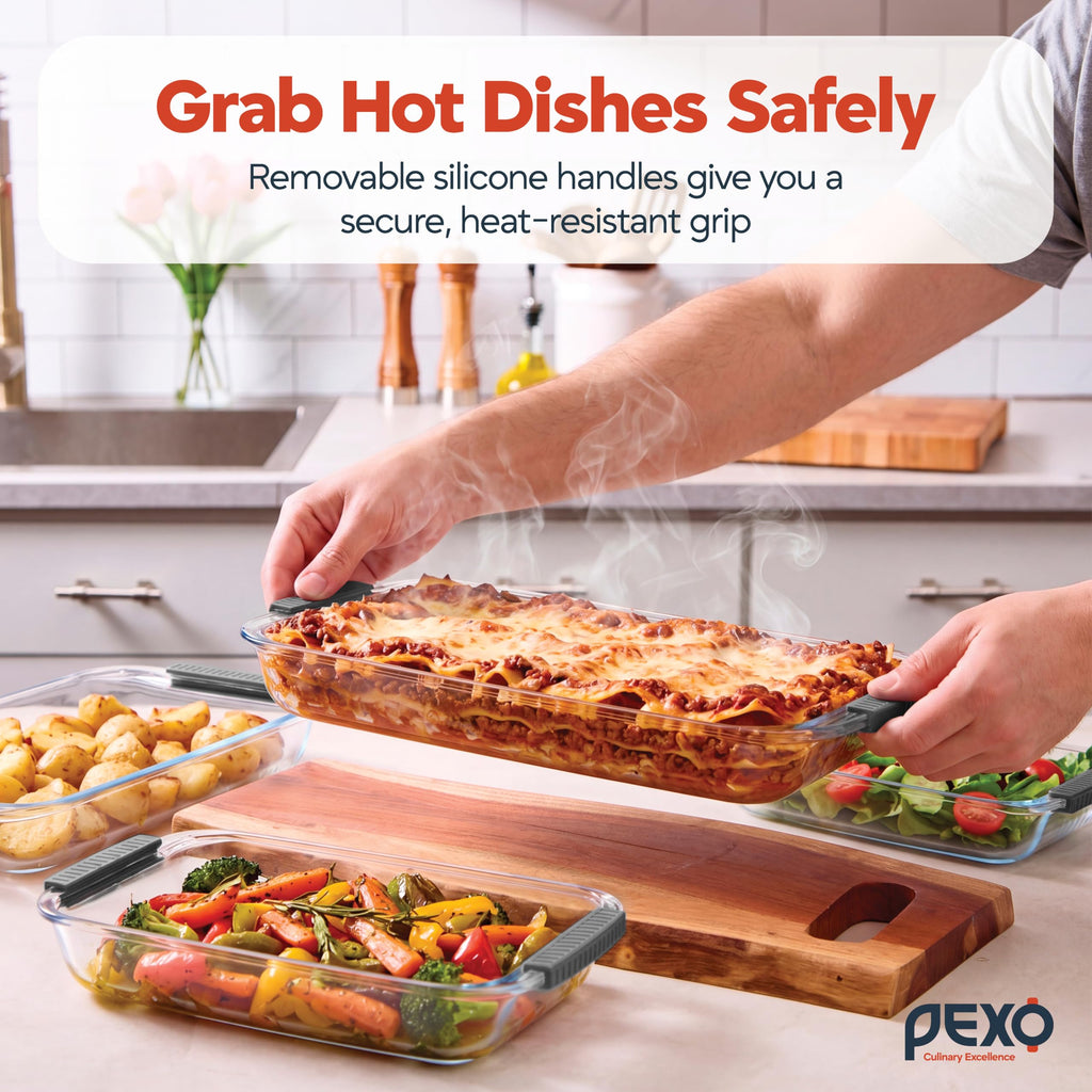 8 Piece Glass Baking Dish Set with Lids, BPA Free, With Easy Grip Slide On Silicone Handles (1.06QT, 1.69QT, 2.32QT