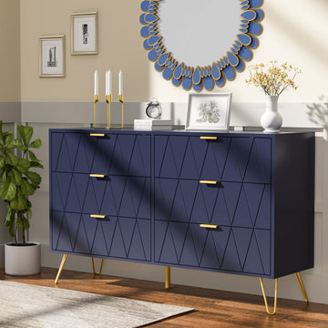 Navy Large Dresser 6 Drawer Dresser, Chest of Drawer with 6 Wide Drawers Wood Storage Cabinet Organizer with Metal
