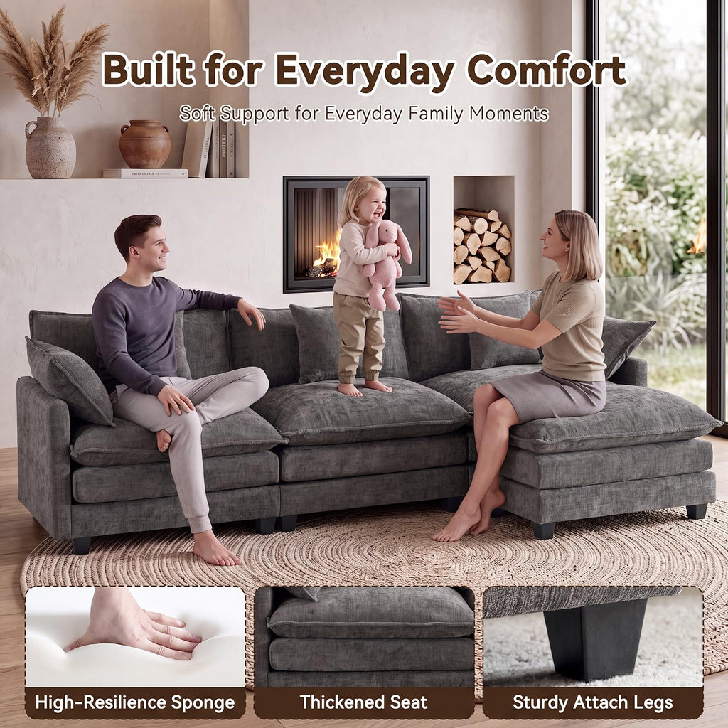 111.4" L‐Shaped Cloud Sectional Sofa Couch, Reversible Chaise, Grey