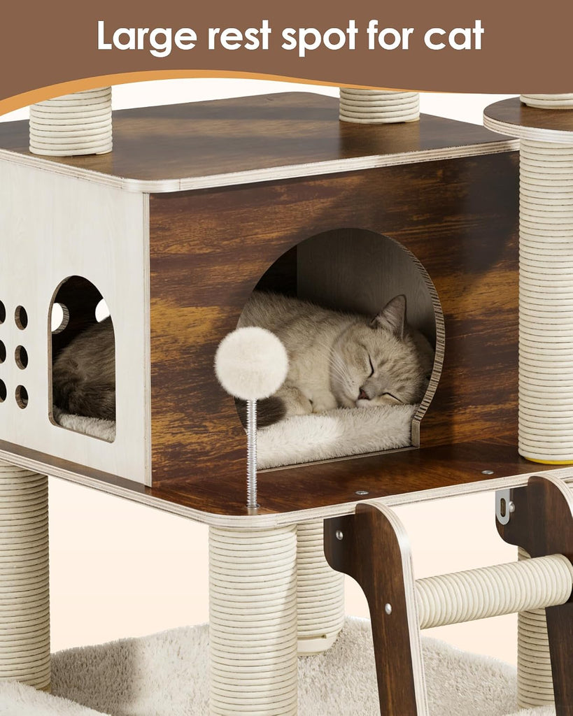 Modern Cat Tower, 60.3 Inches Multi-Level Cat Tree with Dark Wood-Look Panels, Sisal Scratching Posts, Hammock &