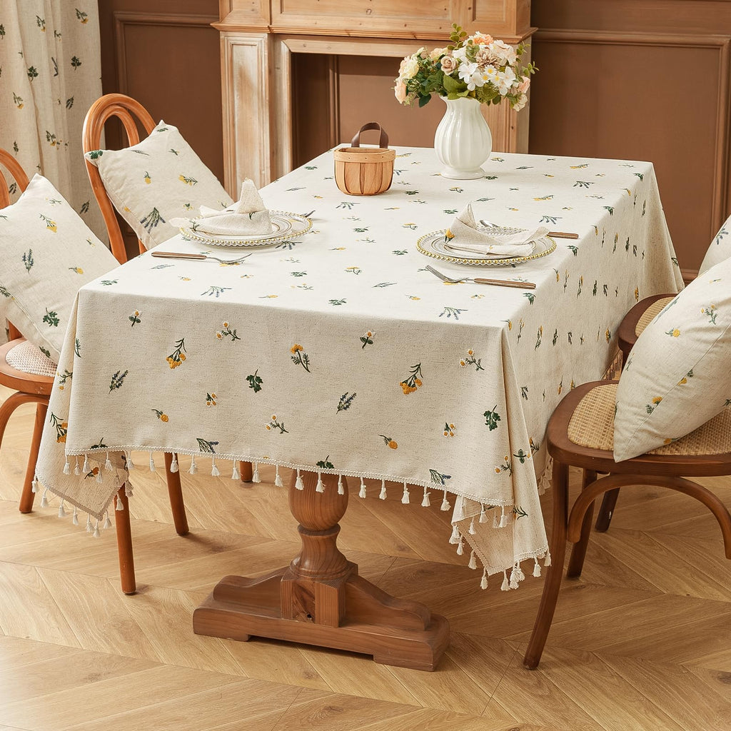 Boho Linen Blend Tablecloth 60 x 60 Inch, Beige Embroidered Daisy Floral Table Cover with Tassel Fringe, Soft