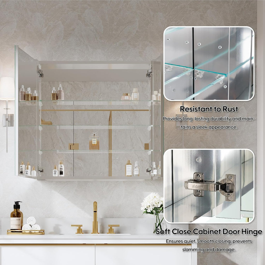 30" x 30" Bathroom Medicine Cabinet, Anodized Chrome Aluminum Frame, Medicine Cabinet with Adjustable Glass Shelves