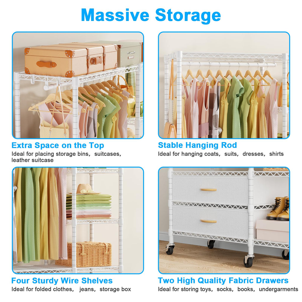 F3R Heavy Duty Clothes Rack(With Lockable Wheels)Freestanding Clothing Racks for Hanging Clothes, Adjustable Closet
