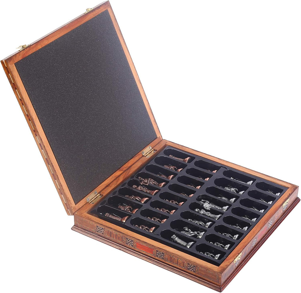 Antique Copper Roman Figures Metal Chess Set for Adults,Handmade Pieces and Natural Solid Wooden Chess Board