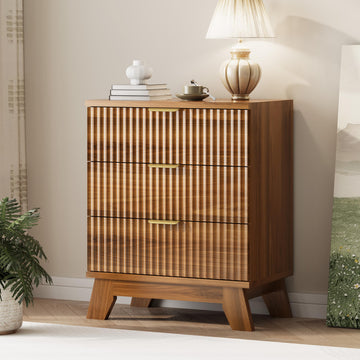 Fluted Dresser with 3 Drawers, 24" Wide Modern Chest of Drawers with Metal Handle, Wooden Dresser TV Stand, Wood