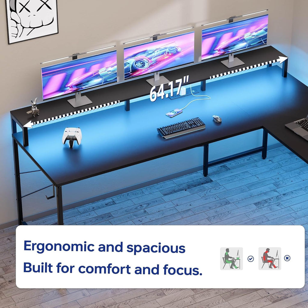 64 Inch L Shaped Gaming Desk with Monitor Stand and Power Outlets | Large Corner Computer Desk With Pegboard & Led