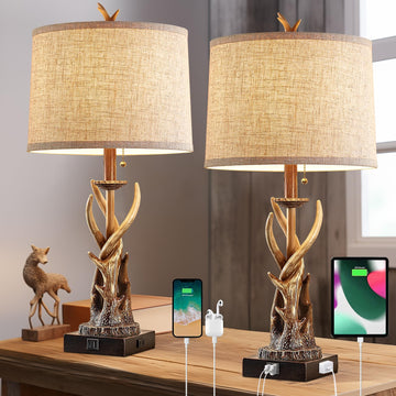 Rustic Deer Antler Table Lamps Set of 2 Farmhouse Bedside Lamps with USB A+C Ports End Table Hunting Themed Cabin