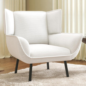 Corduroy Wingback Accent Chair, High Back Armchair with Deep Seat, White | Classic Wingback Style, 32D