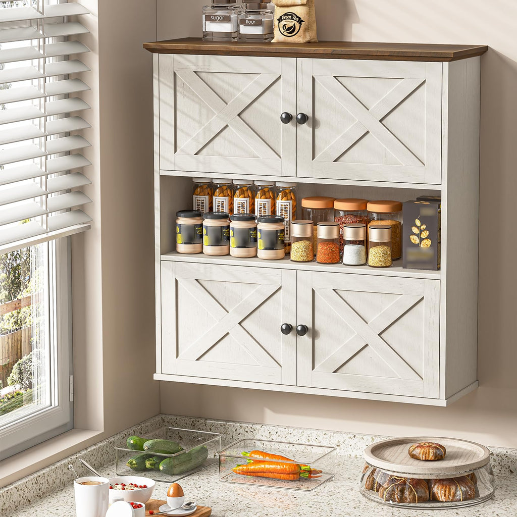Bathroom Wall Cabinet, Farmhouse Medicine Cabinet with 4 Barn Doors, Large Wooden Vintage Storage Cabinet Wall