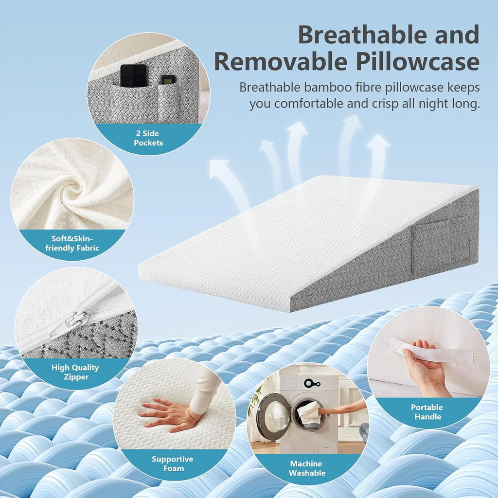 Wedge Pillow for Sleeping, 24 x 24 x 10 Inch Bed Wedge | 40D Memory Foam Top Layer with Supportive Foam Base;