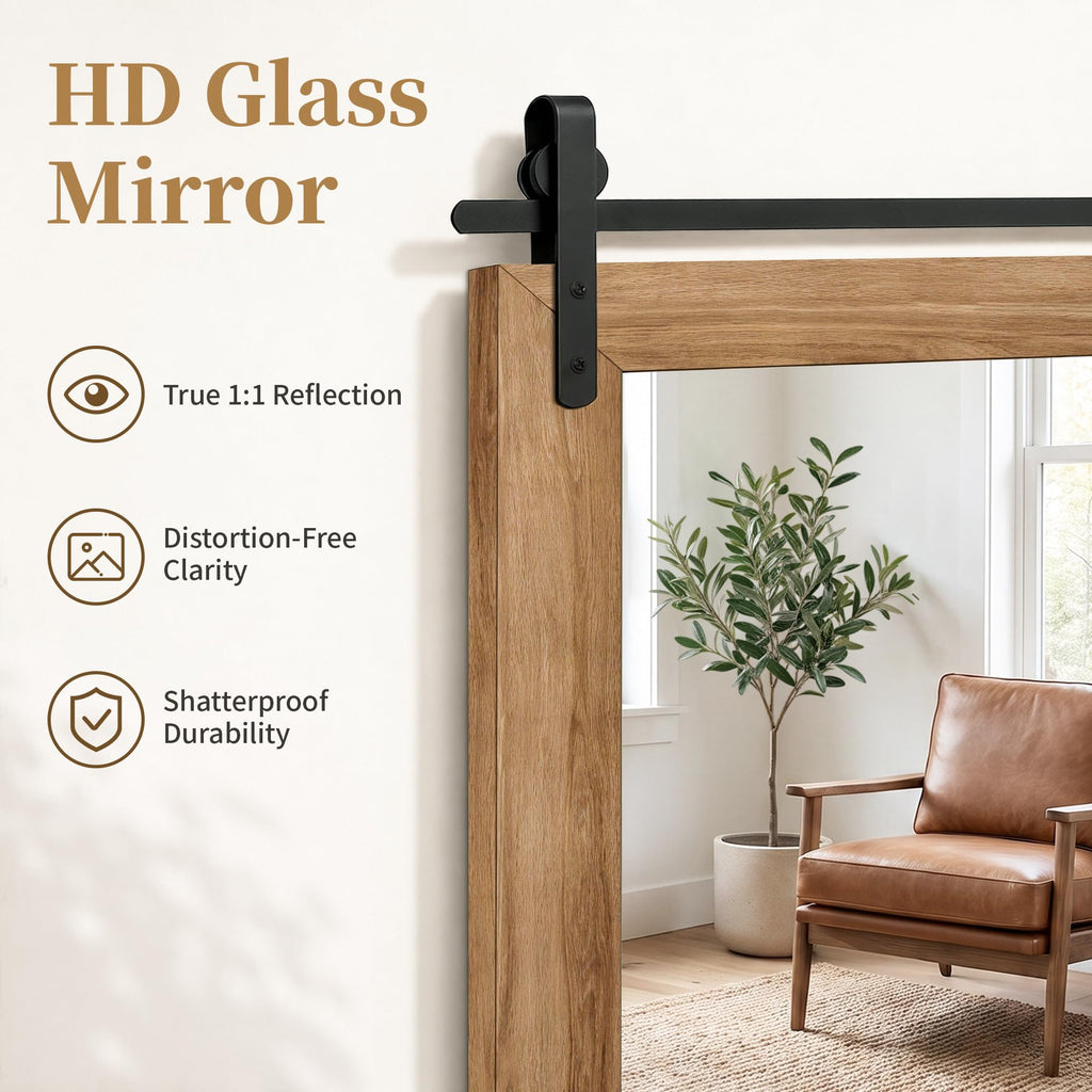 Farmhouse Bathroom Vanity Mirror, 36"x 24" Wood Barn Door Mirror, Light Brown