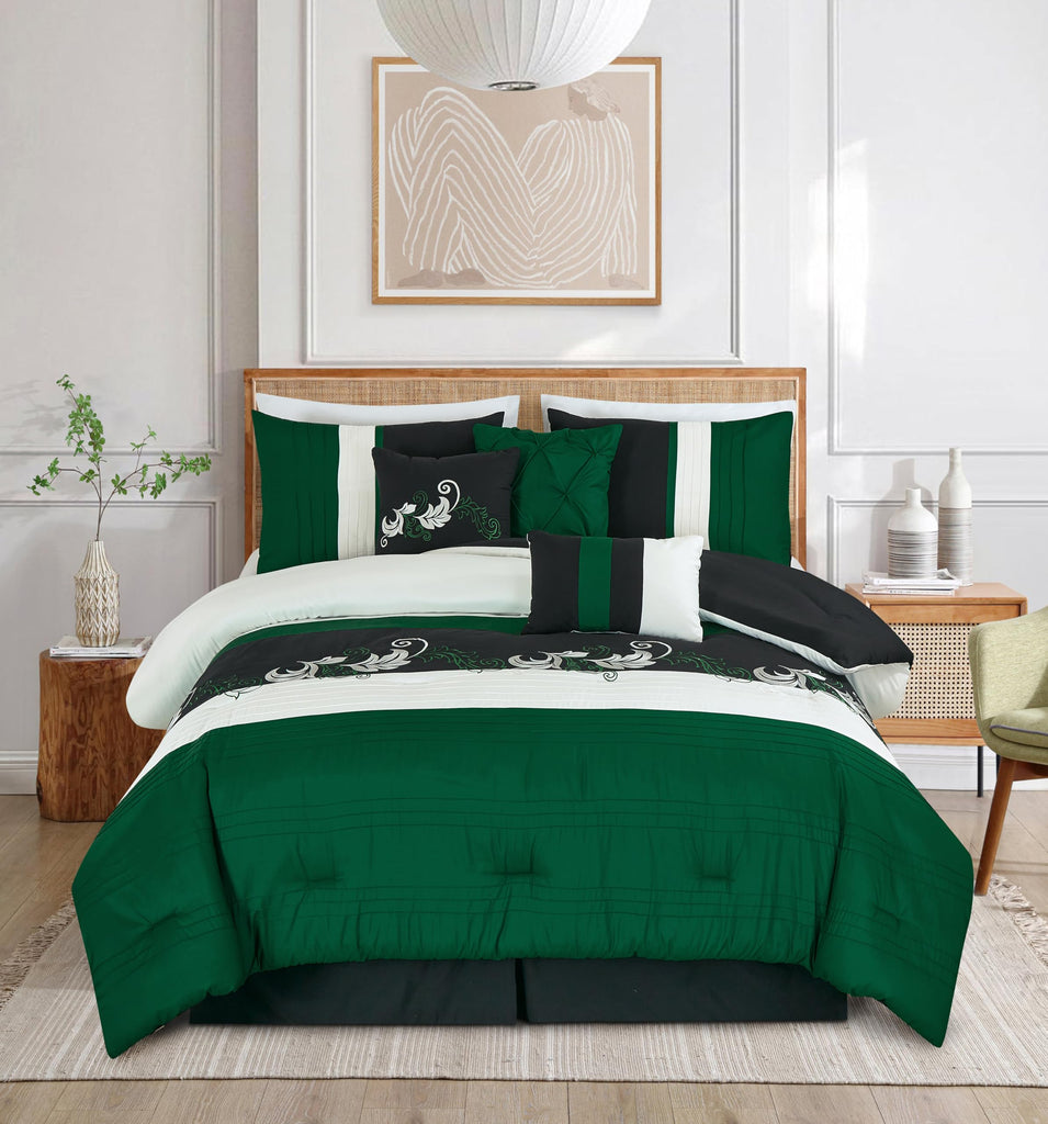 Napa 7-Piece Luxury Leaves Scroll Embroidery Bedding Comforter Set (Green/Black/Cream)