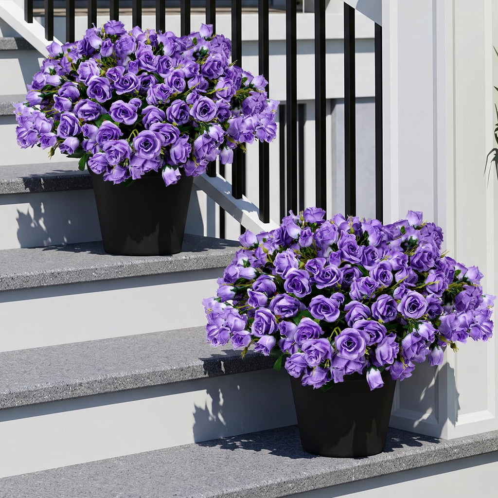 2 Pack Faux Roses Outdoor Potted, Pre-Potted, Purple
