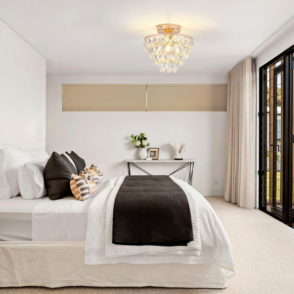 Gold Crystal Chandelier Small, Mini Ceiling Light Modern Flush Mount Crystal Chandelier Hallway Overhead Light