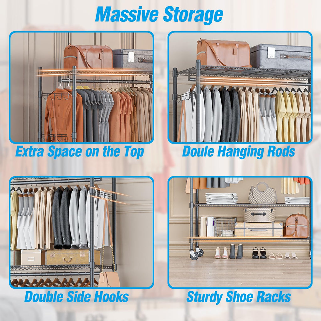 Heavy Duty Rolling Clothing Rack, Adjustable Garment Rack with 3 Tier Storage Shelves, Freestanding Closet Wardrobe