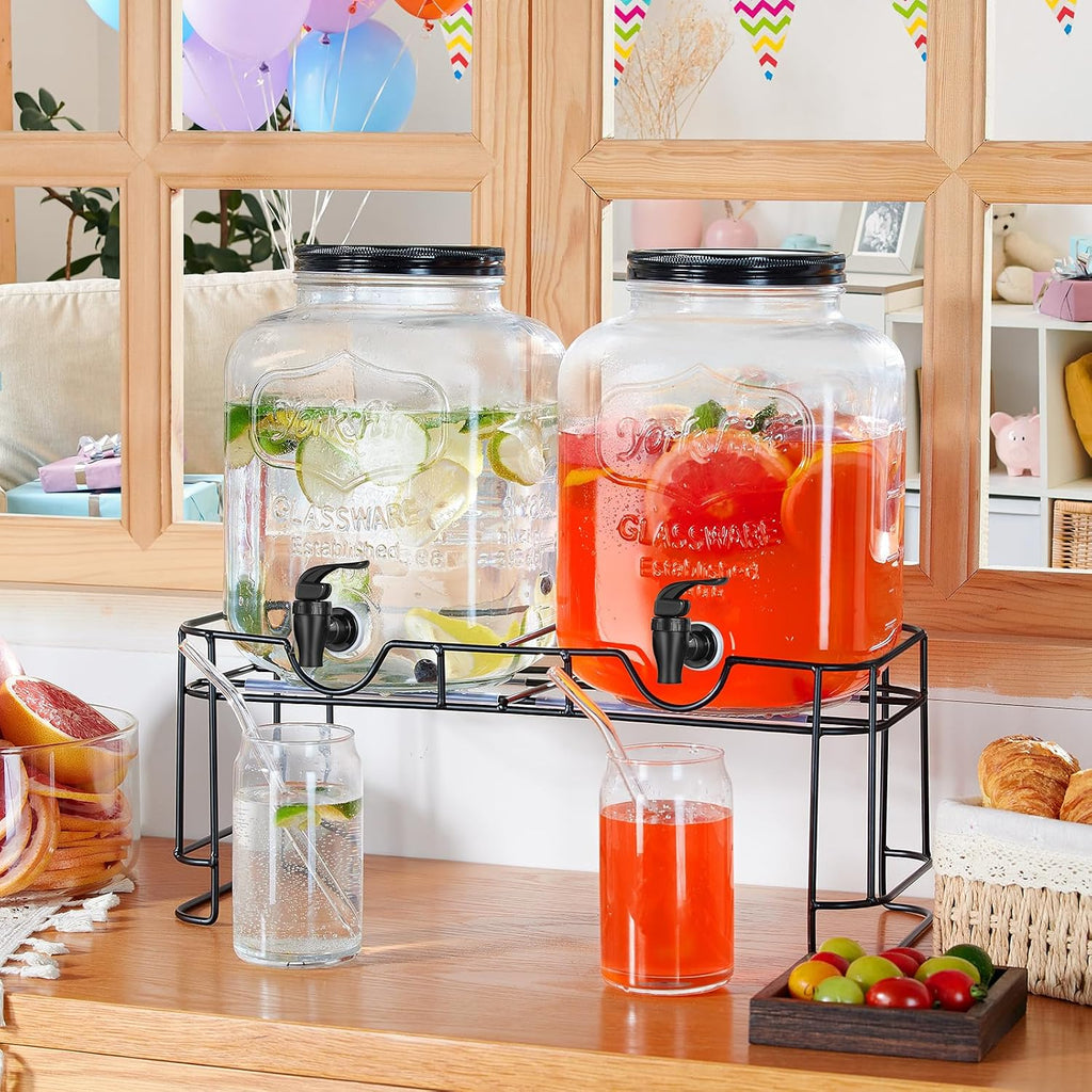 1.5 Gallon Drink Dispenser : 2P Glass Dispenser w/Metal Stand - Set of 2