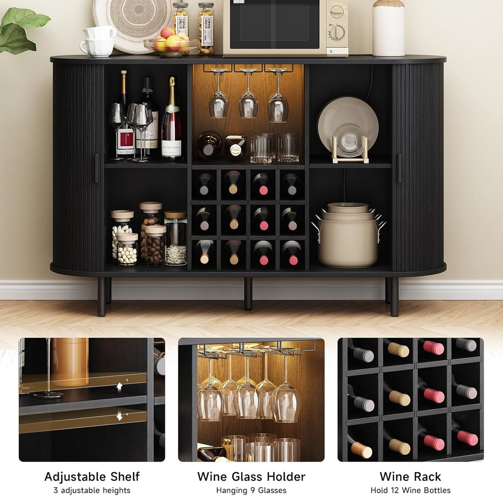 55" Fluted Wine Bar Cabinet with LED Light Black | Liquor Coffee Bar Cabinet, with Wine Rack and Glass Holder