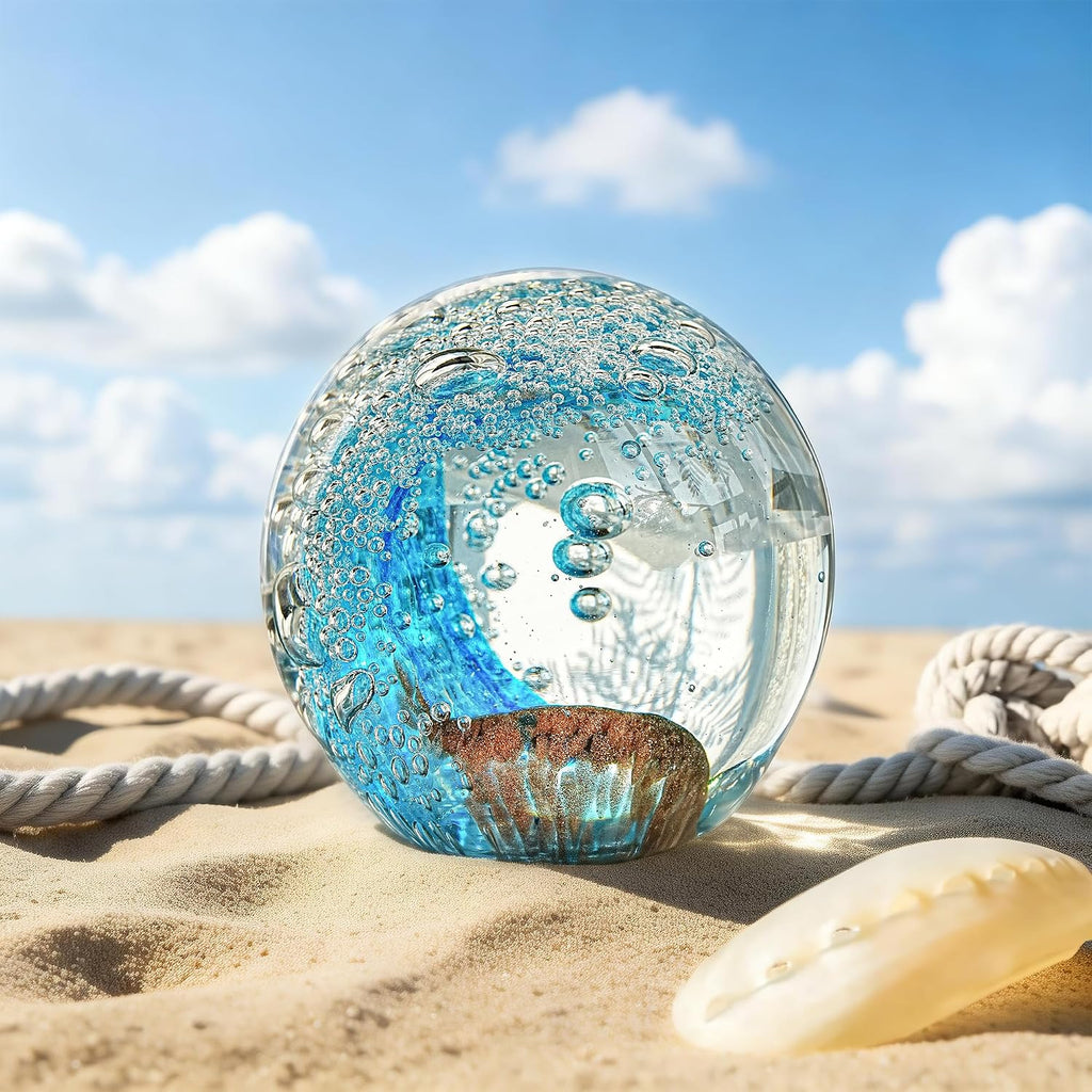 Hand Blown Glass Ocean Waves Ball Paperweight
