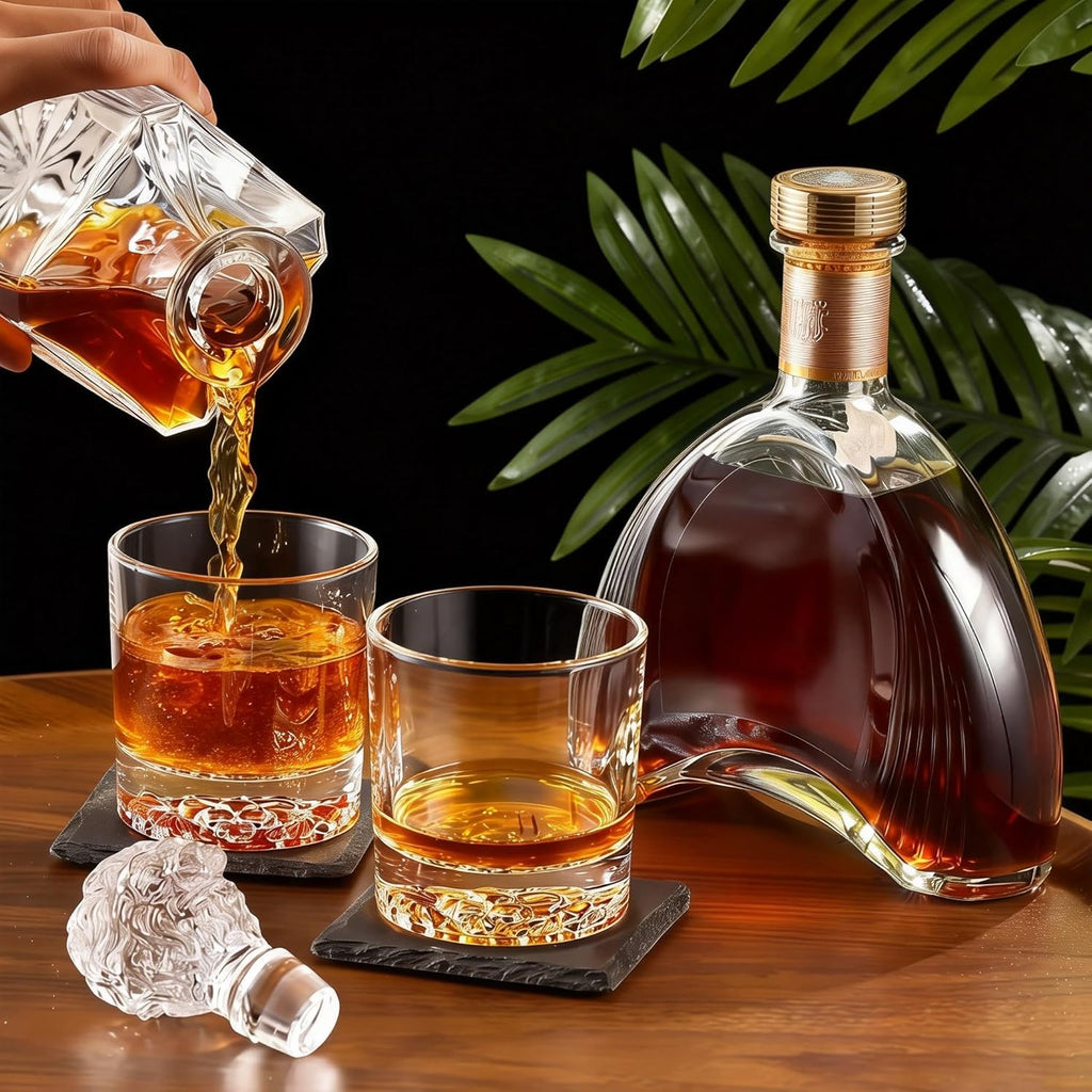 Lion Head 14-Piece Crystal Whiskey Decanter Set - 750ml Lead-Free Hand-Blown, 2 Glasses, 6 Stainless Stones, Coasters - Set of 14