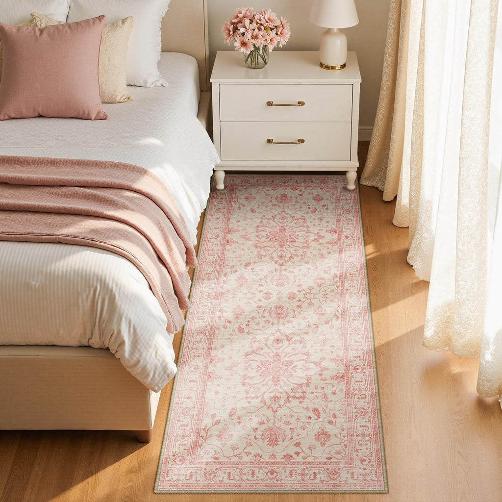 Washable Area Rug, Runner, Pink/Light Vintage Pink
