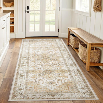 2x6 Washable Runner Rug, Low-Profile Kitchen Rugs with Non-Slip Backing & Durable Edge Binding, Vintage Entryway