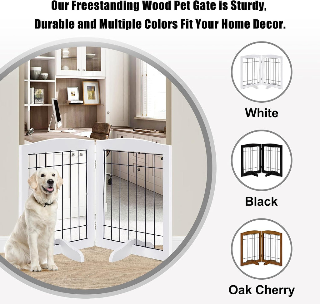 2-Panel Freestanding Adjustable Wooden Dog Gate-30" Tall Foldable Pet Barrier with Support Feet, Solid Hardwood &