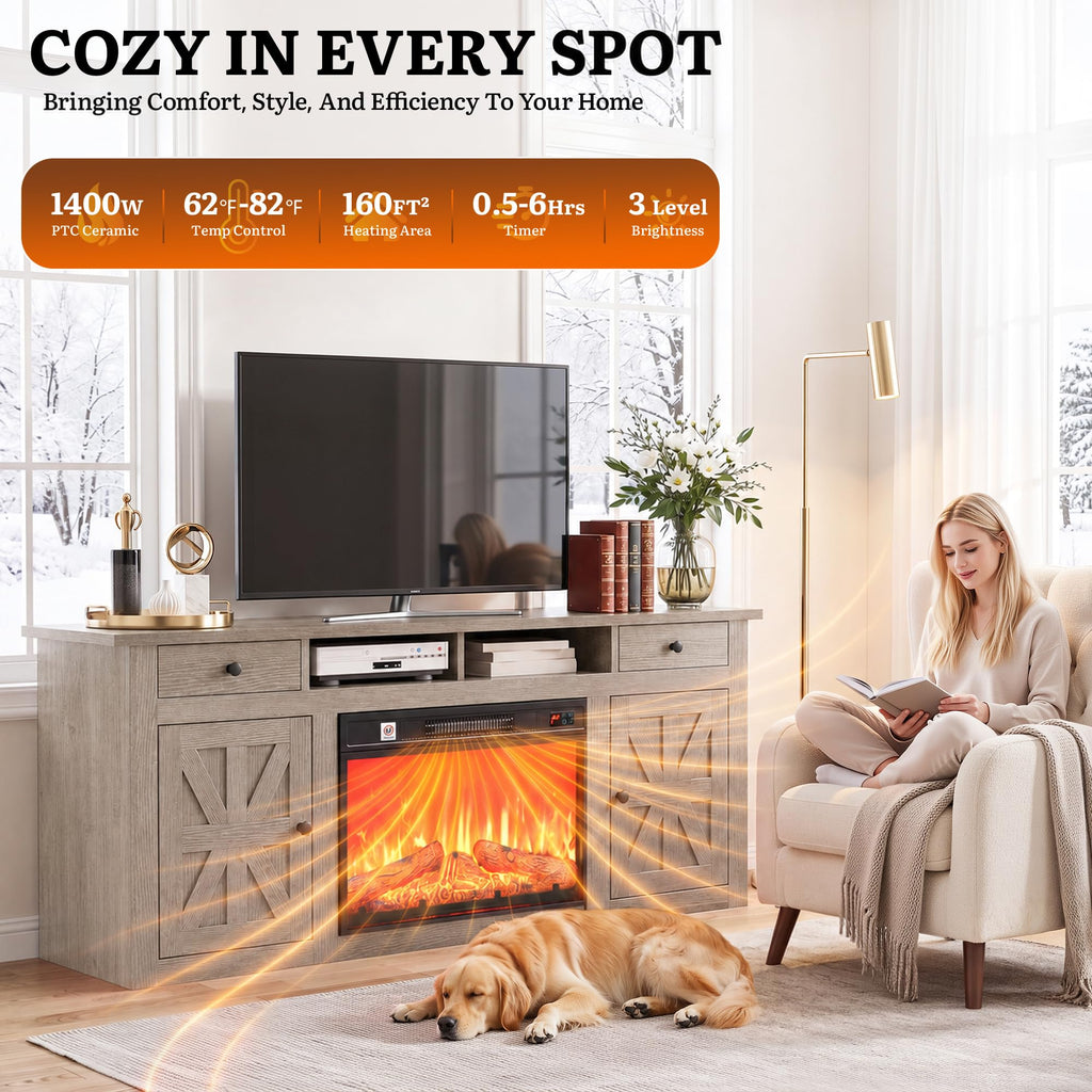 59" TV Stand with Electric Fireplace, Power Strips, Grey Oak