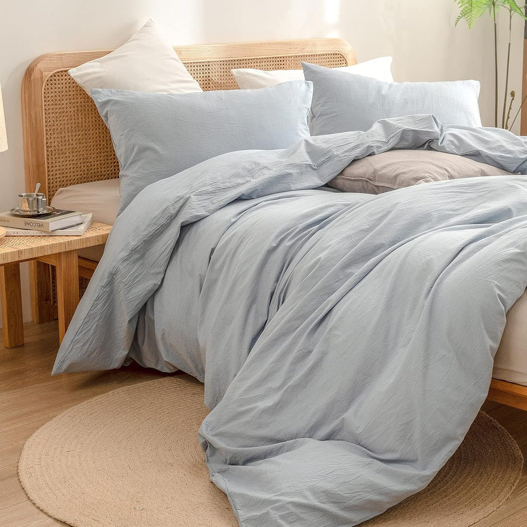 Cotton Solid Duvet Cover Set Linen Feel Cornflower Blue Queen | Washed Cotton, Linen Feel, Soft Wrinkle Texture