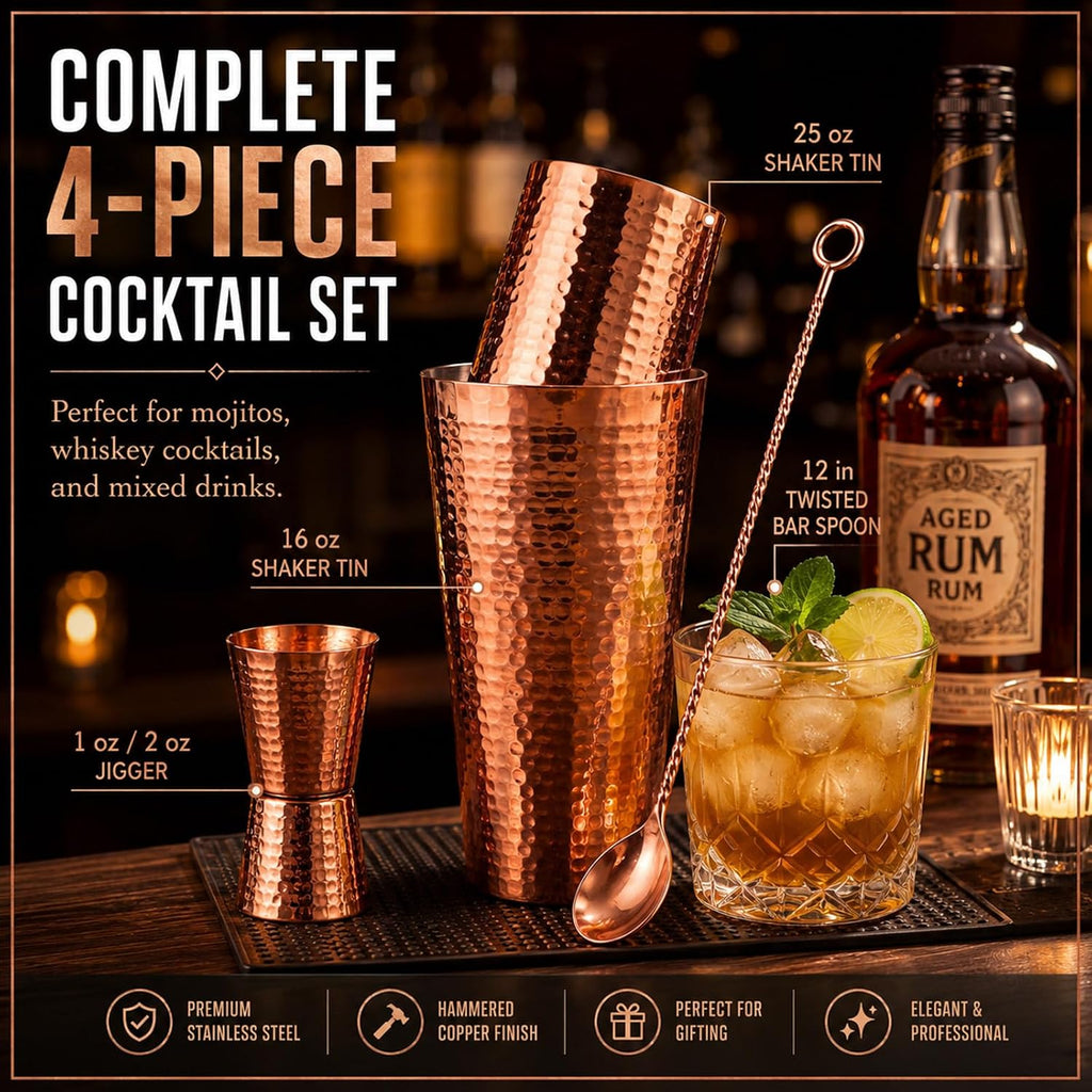 100% Solid Copper Boston Cocktail Shaker Set 16 oz & 25 oz Boston Cocktail 1oz & 2oz Doubleheaded Jigger and 12 - Set of 4