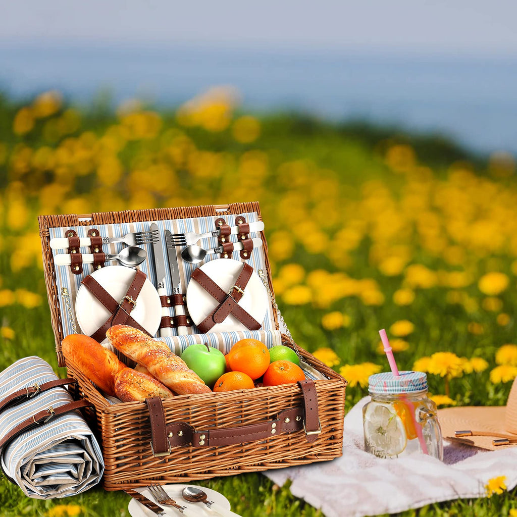Wicker Picnic Basket for 4 with Waterproof Blanket Blue Stripes