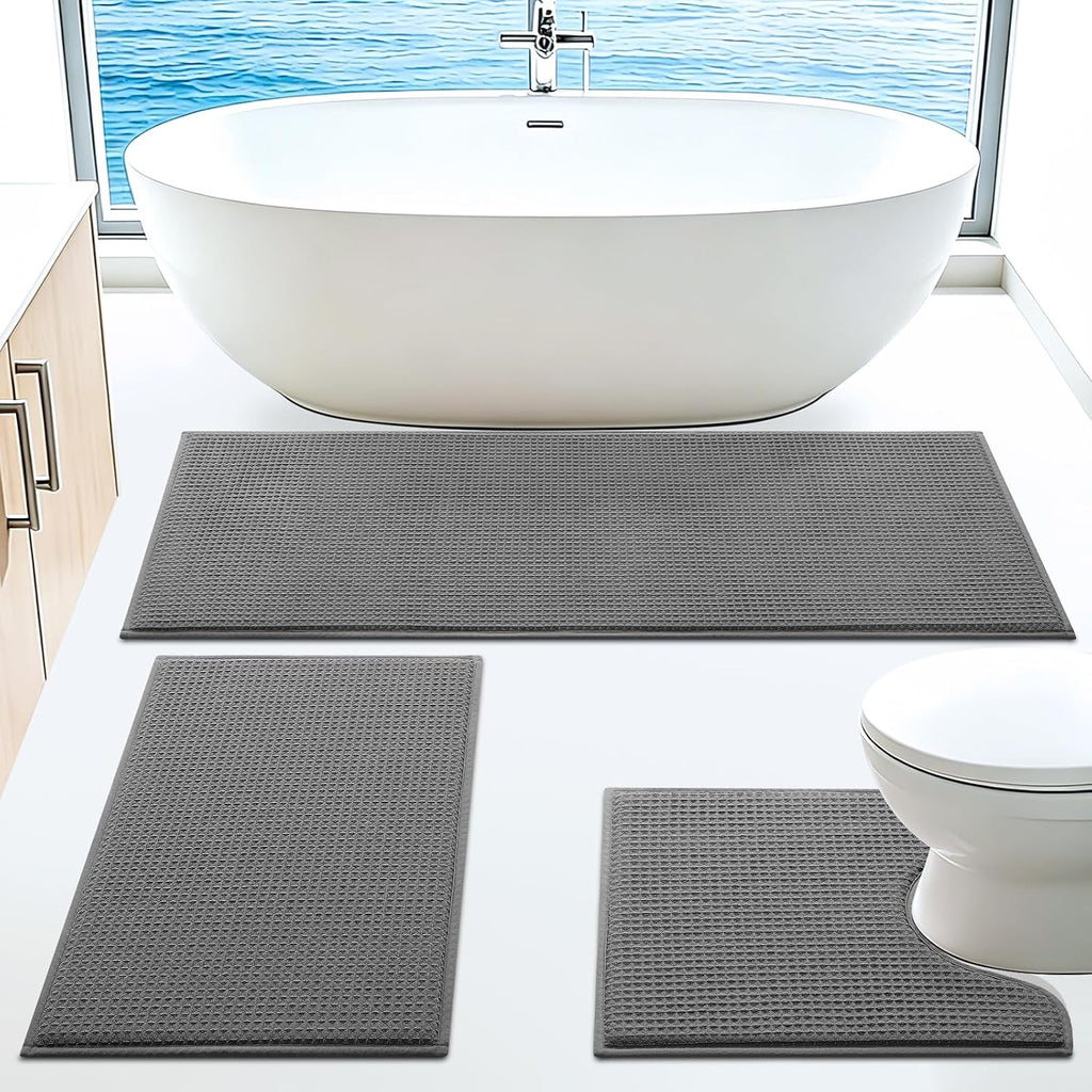 Memory Foam Bath Mat Set 3 Piece, Ultra Soft Absorbent Waffle Bathroom Rugs, Super Non-Slip PVC Backing Bath Rug
