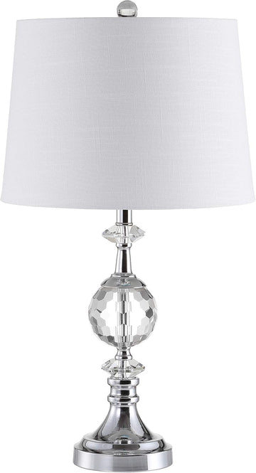 25.5" Clear Crystal and Chrome Table Lamp, Glam Faceted Sphere Bedside Lamp with White Linen Drum Sh