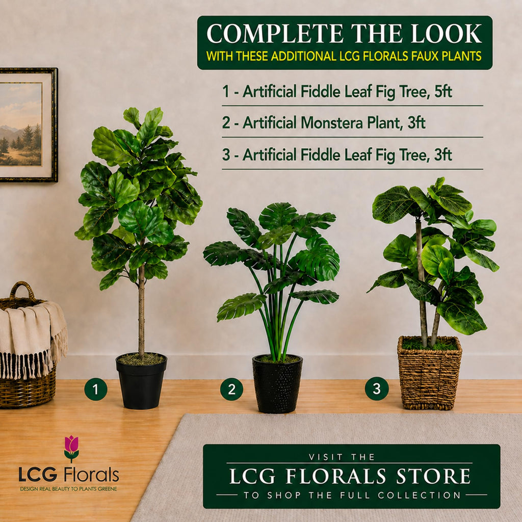 5ft Artificial Fiddle Fig Tree - Real Wood Trunk, Preassembled, No Maintenance Indoor Faux Plant in Black Pot