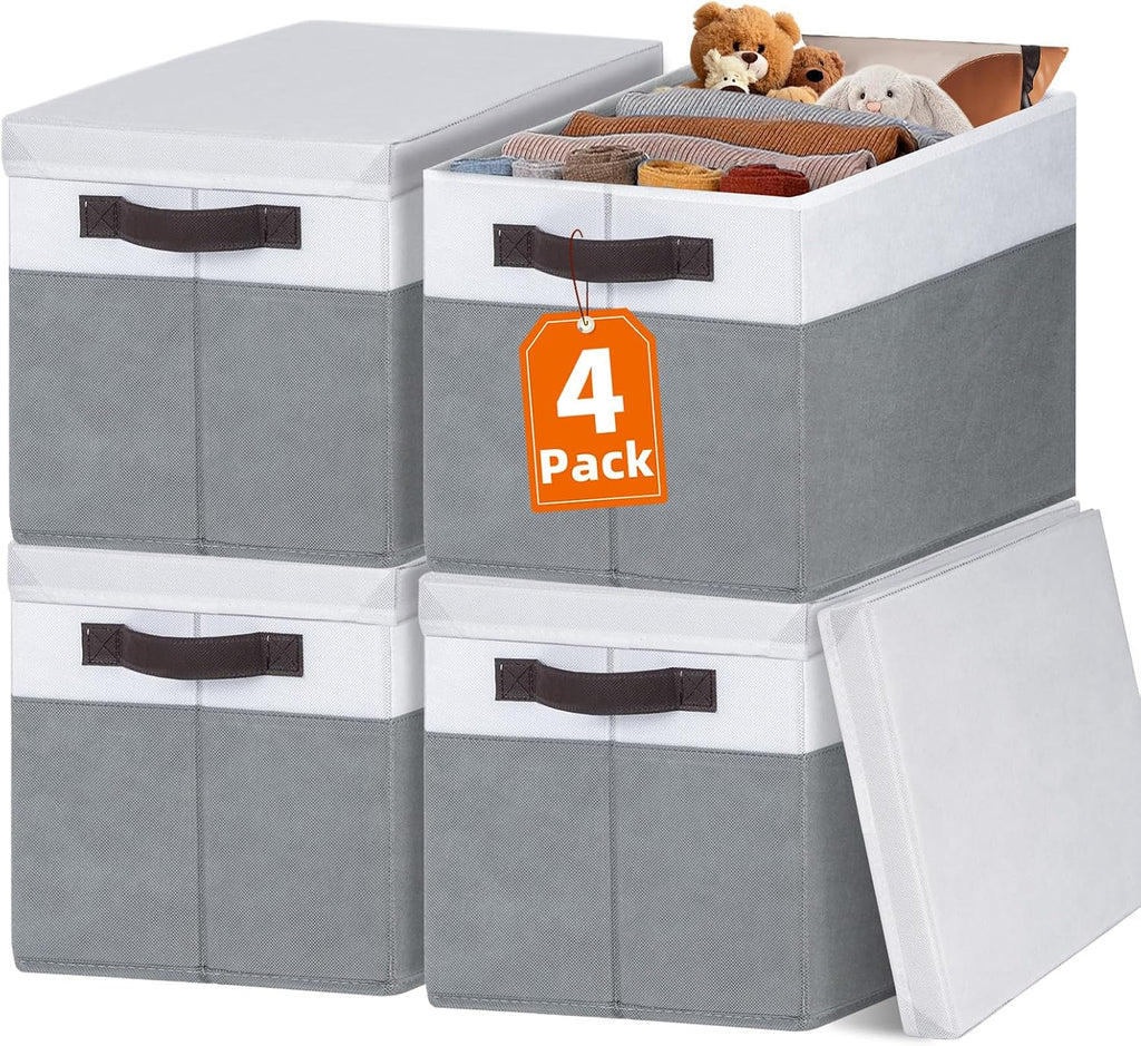 Large Closet Storage Baskets Bins with Lids 4 Pack, Storage Baskets for Organizing Shelves Nursery Bedroom, Home Dorm