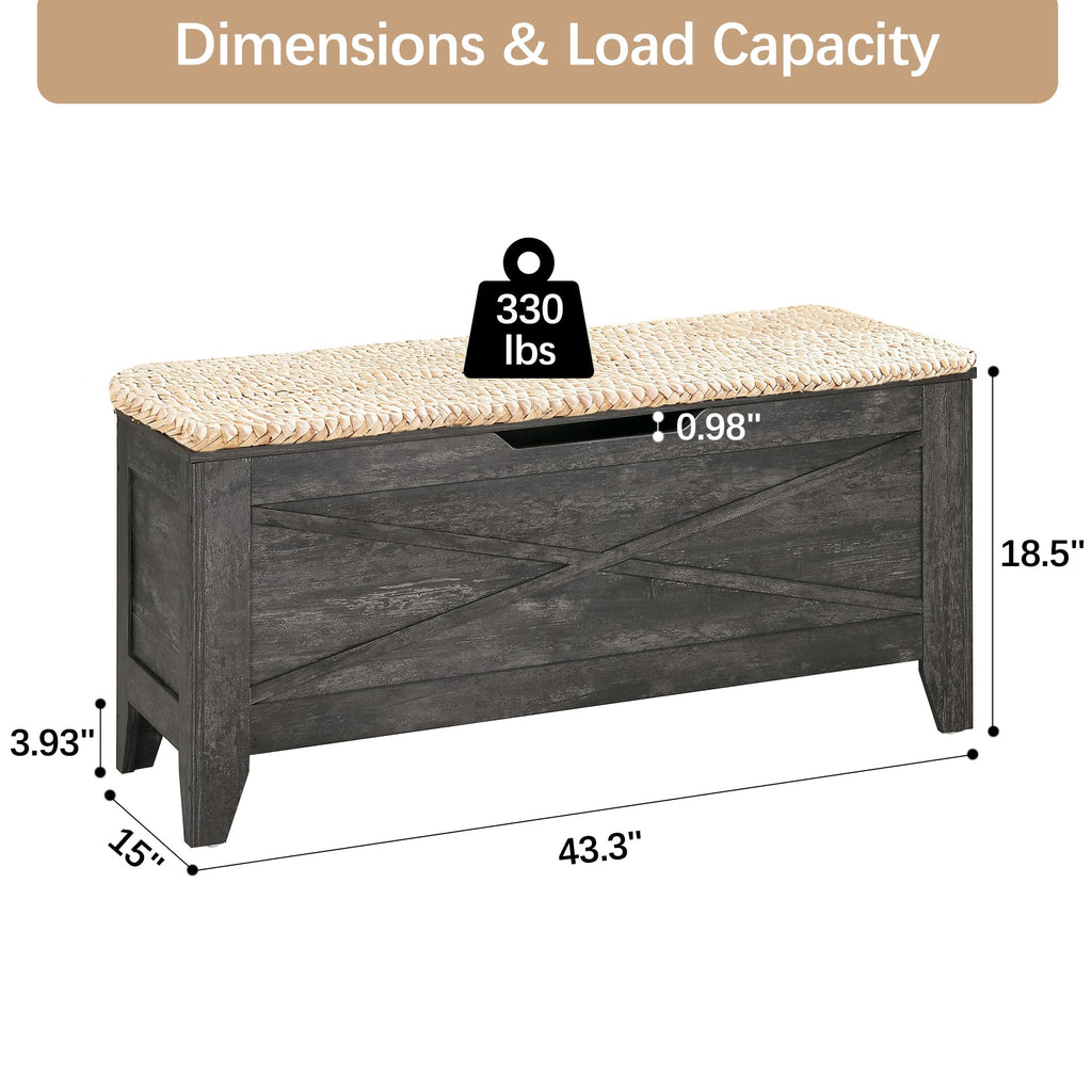 43.3" Storage Bench, Entryway Shoe Ottoman, Farmhouse Style Bench with Handwoven Cushion and Metal Safety Hinges, Gray