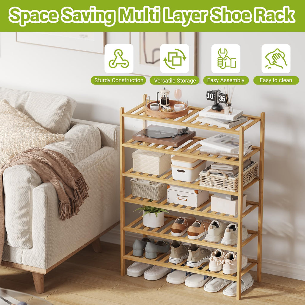 6-Tier Bamboo Shoe Rack Premium Stackable Shoe Shelf Storage Organizer Closet Living Room Entryway Organizer (Natural