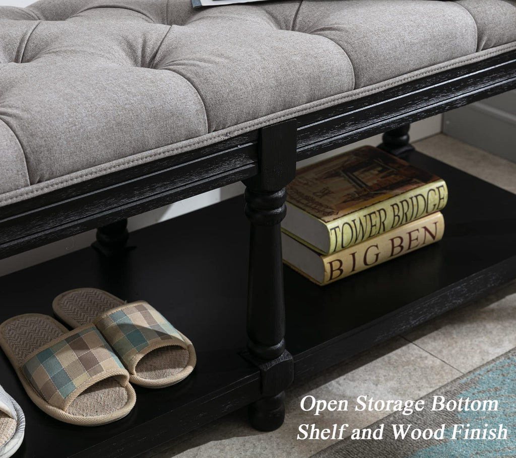 Mid-Century Tufted Storage Bench with Shelf, Linen Upholstered Farmhouse Entryway Shoe Bench Ottoman Bed End Stool