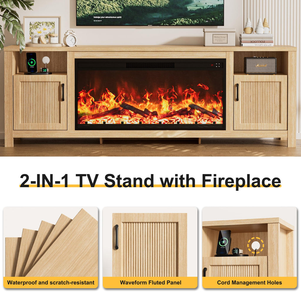 71" Fluted Fireplace TV Stand with 38" Electric Fireplace for Television up to 80", Entertainment Center, Media