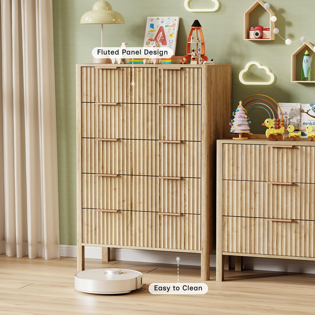 47" Tall Dressers Fluted 5 Drawer Dresser, Wooden Dresser Modern Chest of Drawers Dressers with Organizer Storage